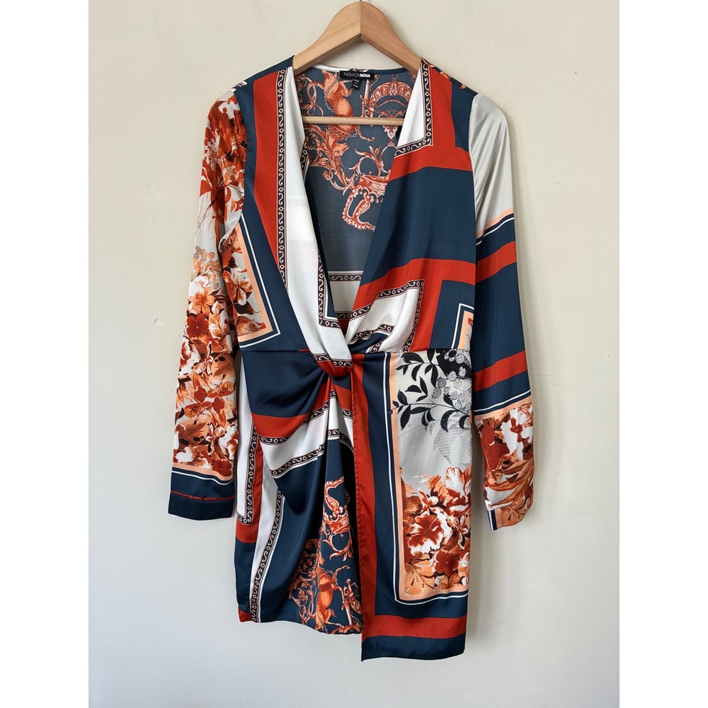 Fashion Nova Scarf Print Twist Front Mini Dress Navy Orange Baroque V-Neck L